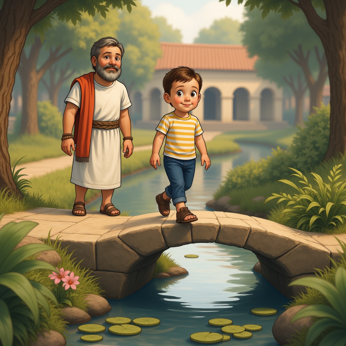 The Curious Kid and Aristotle crossing a stone bridge